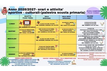 Calendario attività realizzate nella palestra scuola primaria (via maestra,36)  e realizzate nei locali dell'Araba Fenice (via San Sebastiano,21/b)
