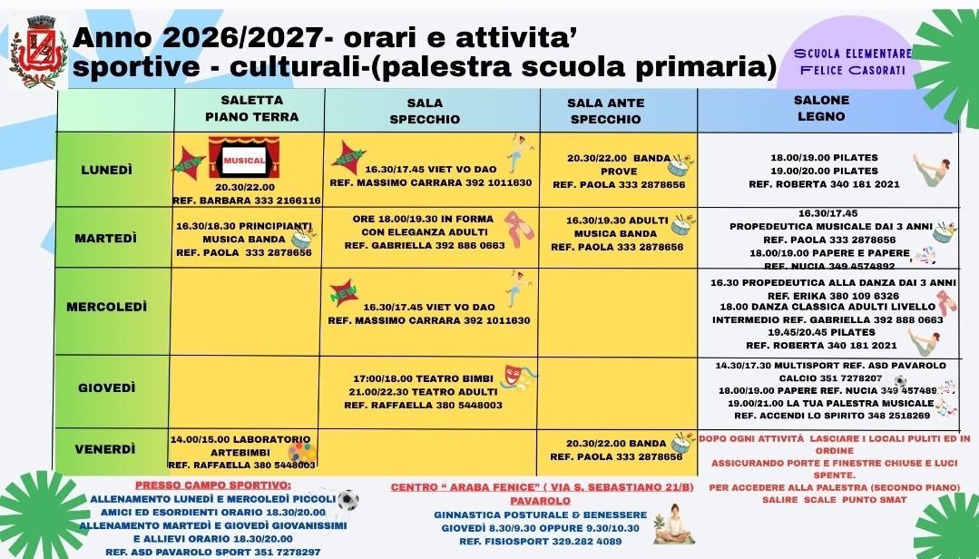 Calendario attività realizzate nella palestra scuola primaria (via maestra,36)  e realizzate nei locali dell'Araba Fenice (via San Sebastiano,21/b)